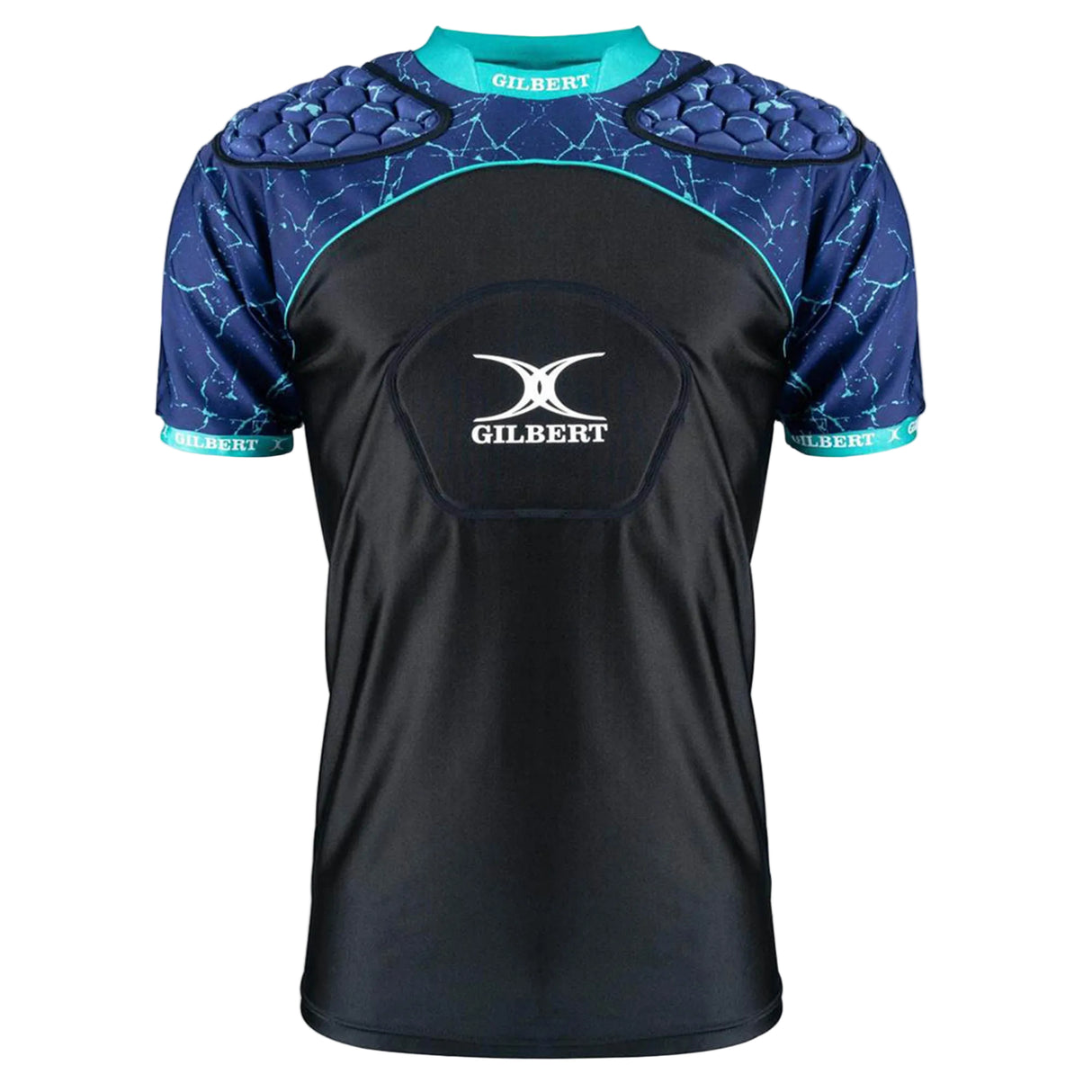 Experience the Gilbert Atomic V3 Body Armour: a short-sleeved, black and blue padded rugby shirt with teal accents and the iconic Gilbert logo on the chest and collar. Designed as a lightweight protection layer, this moisture-wicking rugby shirt keeps you comfortable while delivering essential body armour for even the toughest matches.