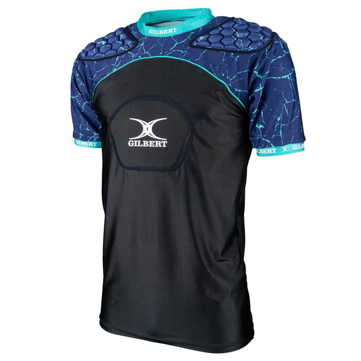 The Gilbert Atomic V3 Body Armour is a short-sleeve black and blue rugby shirt with padded shoulders and chest for lightweight protection, featuring the Gilbert logo prominently on the front center and collar.