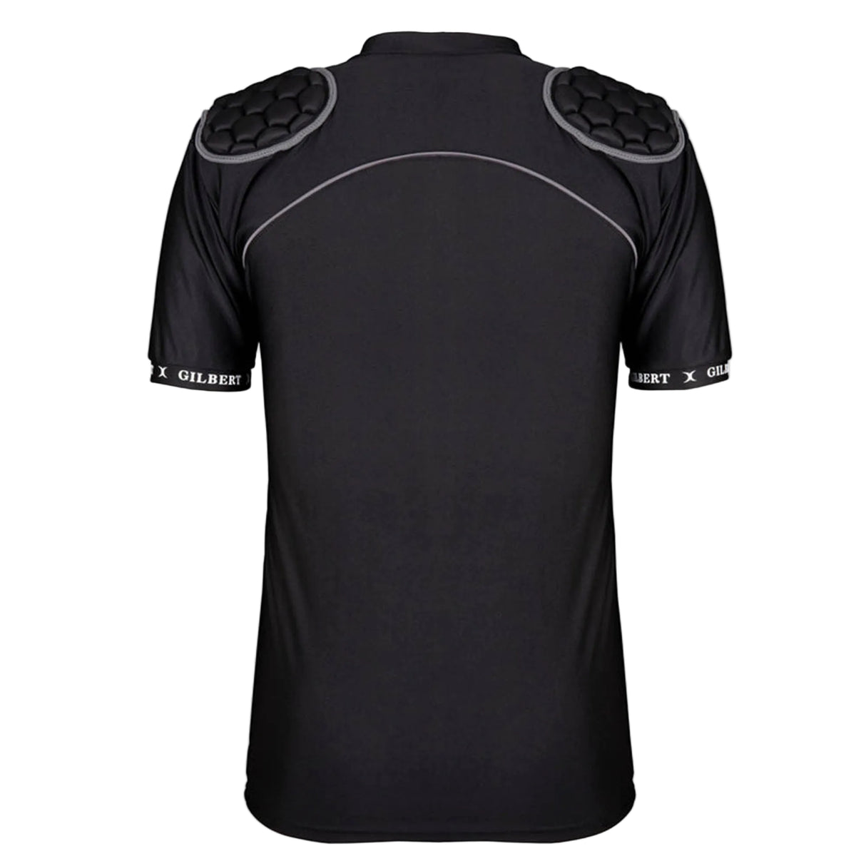 Black short-sleeve Gilbert Atomic V3 Body Armour shirt with padded shoulders and white piping details, shown from the back. Designed as a lightweight, moisture-wicking rugby protection layer, this shirt features the "Gilbert" logo on the sleeves.