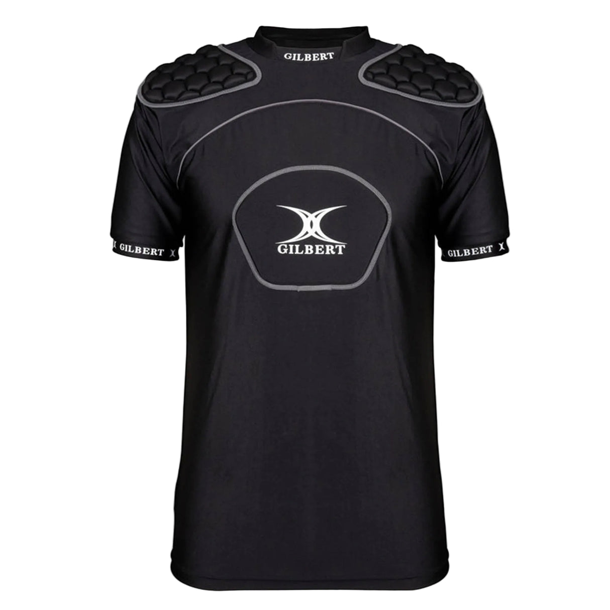 Introducing the Gilbert Atomic V3 Body Armour—a black short-sleeve rugby shirt with padded shoulders and chest, featuring distinctive Gilbert branding on the chest and sleeves. Designed for lightweight rugby protection, this moisture-wicking body armour delivers a comfortable fit alongside durable coverage, making it ideal for intense matches or rigorous training sessions.