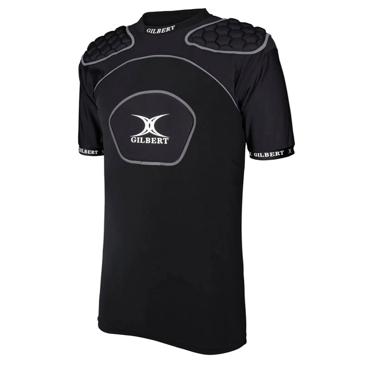 The Gilbert Atomic V3 Body Armour is a black short-sleeve padded sports shirt featuring "Gilbert" branding on the chest, shoulders, and sleeves. This lightweight rugby body armour incorporates visible hexagonal pads on the shoulders and chest for enhanced comfort while maintaining optimal mobility.