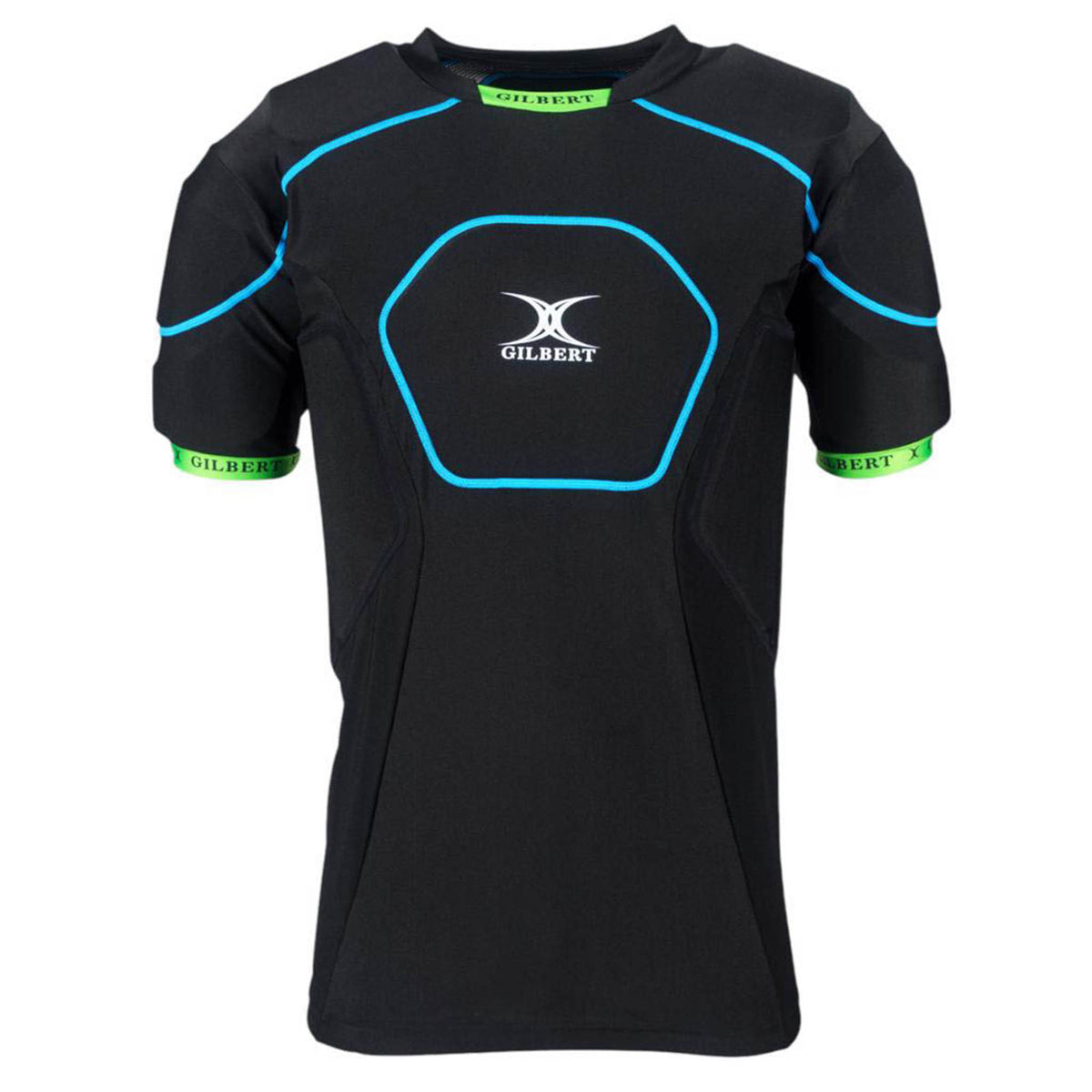 Introducing the Gilbert Charger X1.1 Body Armour: a black, short-sleeve padded sports shirt featuring blue seam detailing and neon green trim on the sleeves. Designed by Gilbert for rugby players prioritizing comfort and performance, this lightweight, moisture-wicking rugby protection gear is showcased against a plain white background.