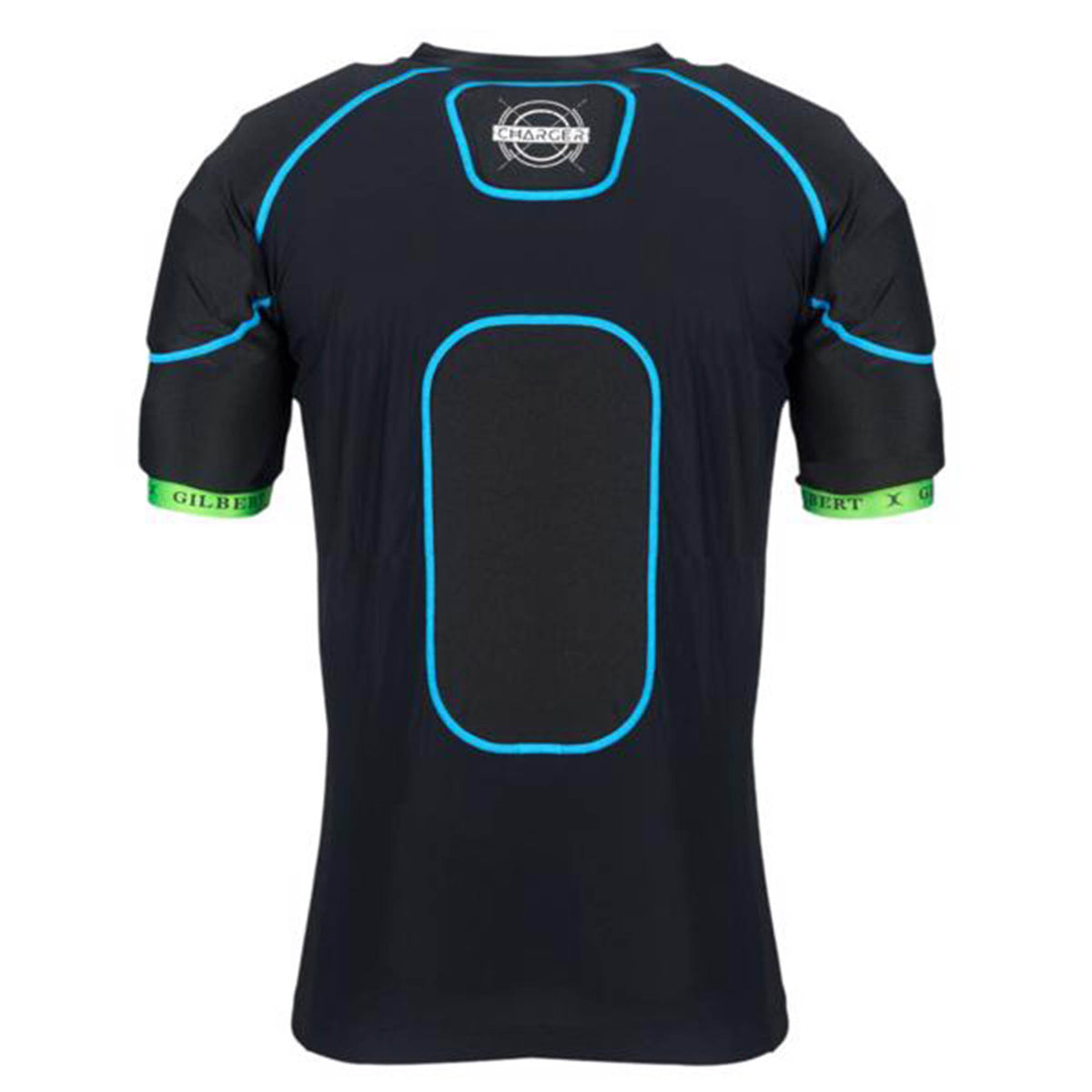 The Gilbert Charger X1.1 Body Armour by Gilbert is a black short-sleeved sports shirt featuring blue stitching, a rectangular padded area on the back, and green bands around each sleeve. This lightweight rugby protection offers moisture-wicking performance to keep you comfortable and dry during intense play, making it an ideal choice for enhanced safety as rugby body armour on the field.