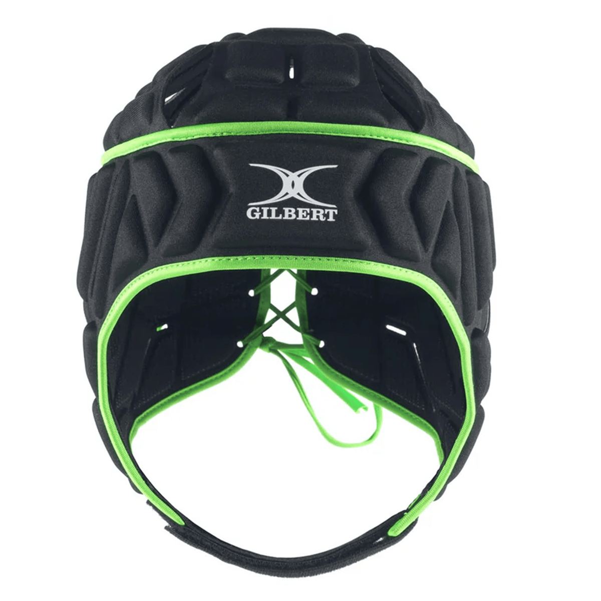 The Gilbert Vapour 5-25 Headguard is a black padded rugby headguard with green trim, lace-up back, and the Gilbert logo on the front, offering excellent impact protection for confident play.