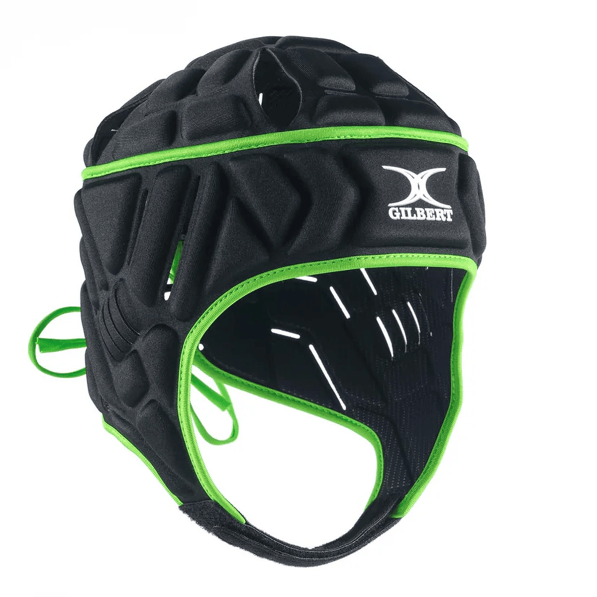 The Gilbert Vapour 5-25 Headguard in black and green offers reliable impact protection, features the Gilbert logo on the front, and adjustable back laces for a secure rugby fit.