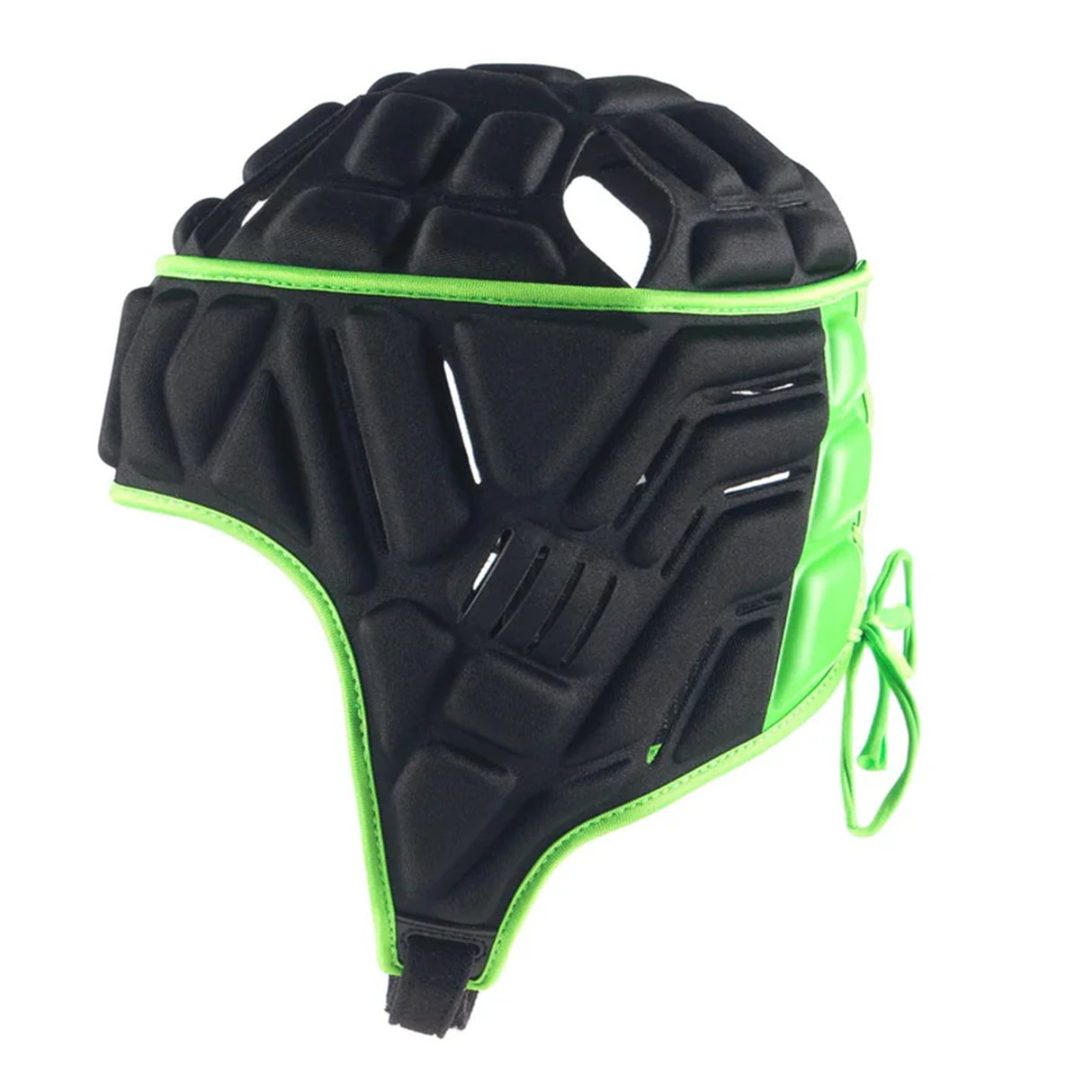 The Gilbert Vapour 5-25 Headguard by Gilbert features black and green padding, ear coverage, a textured surface, and adjustable ties at the back for reliable impact protection.