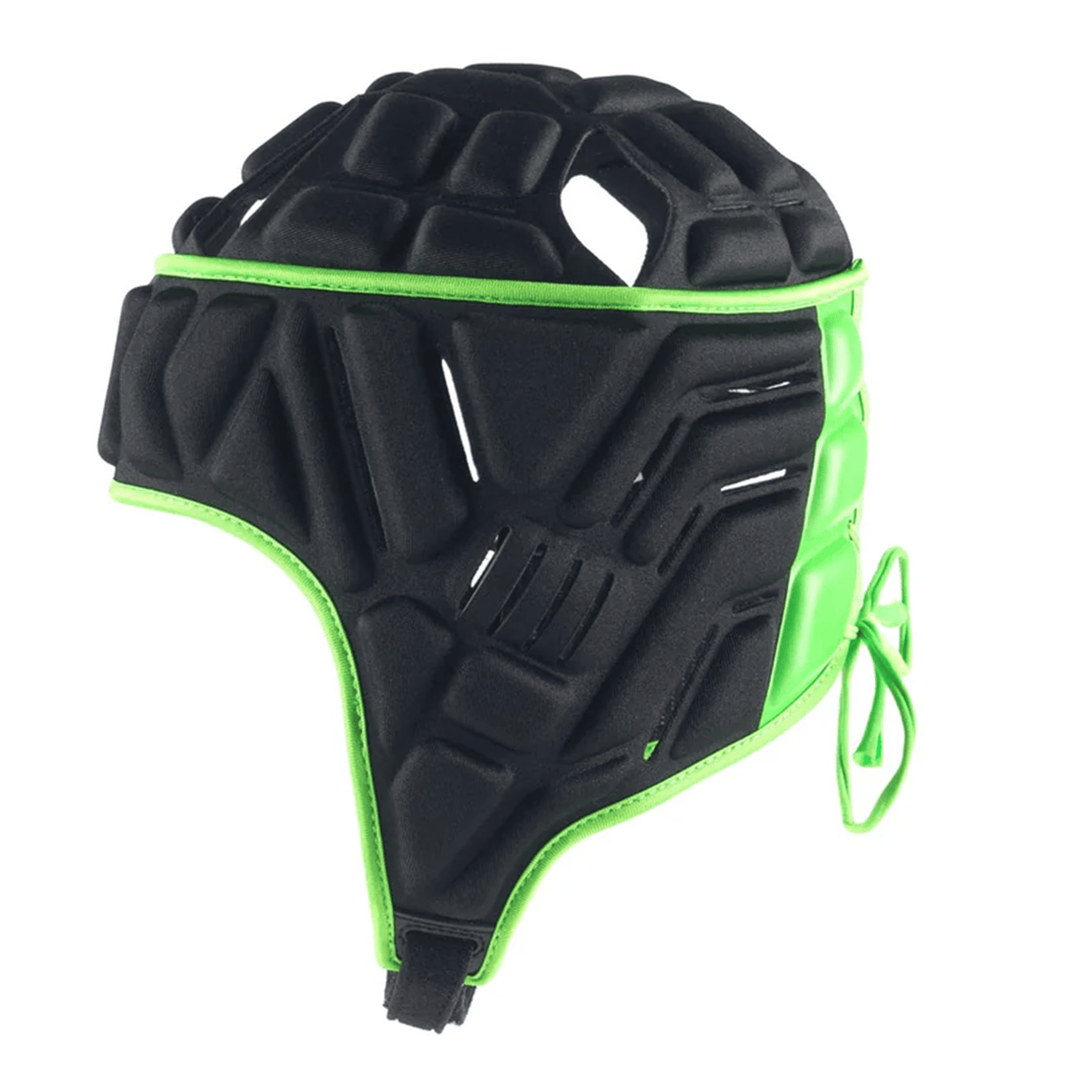 The Gilbert Vapour 5-25 Headguard by Gilbert features black and green padding, ear coverage, a textured surface, and adjustable ties at the back for reliable impact protection.