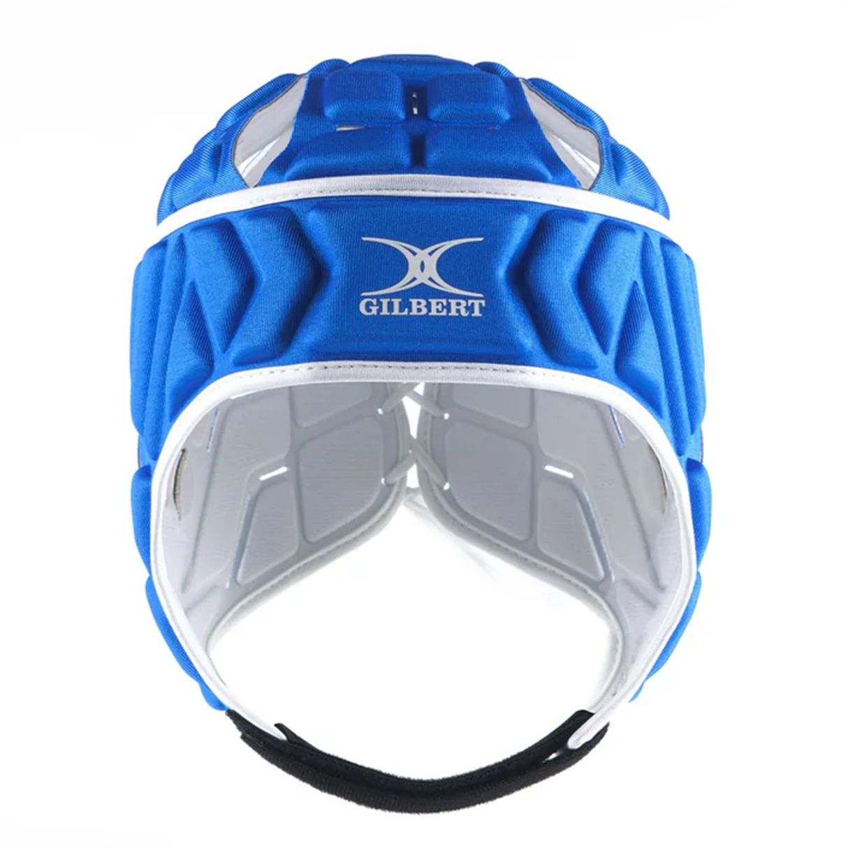 The Gilbert Vapour 5-25 Headguard by Gilbert is a blue rugby scrum cap with white accents and chin strap, designed for impact protection, shown on a white background.
