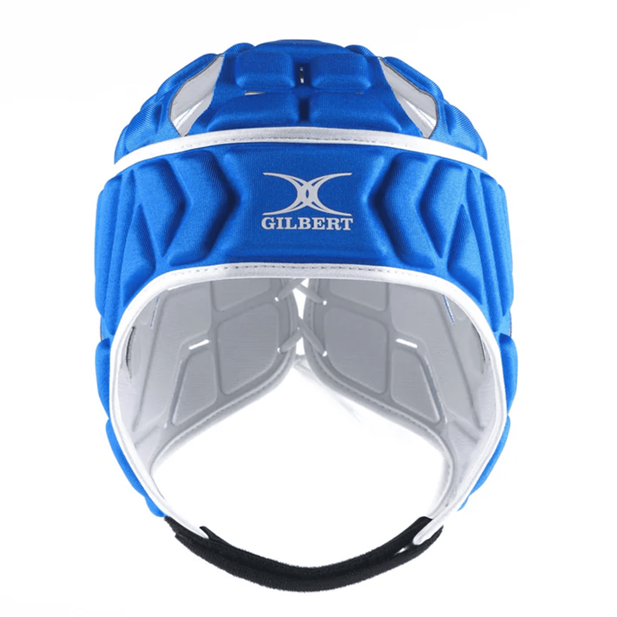 The Gilbert Vapour 5-25 Headguard by Gilbert is a blue rugby scrum cap with white accents and chin strap, designed for impact protection, shown on a white background.