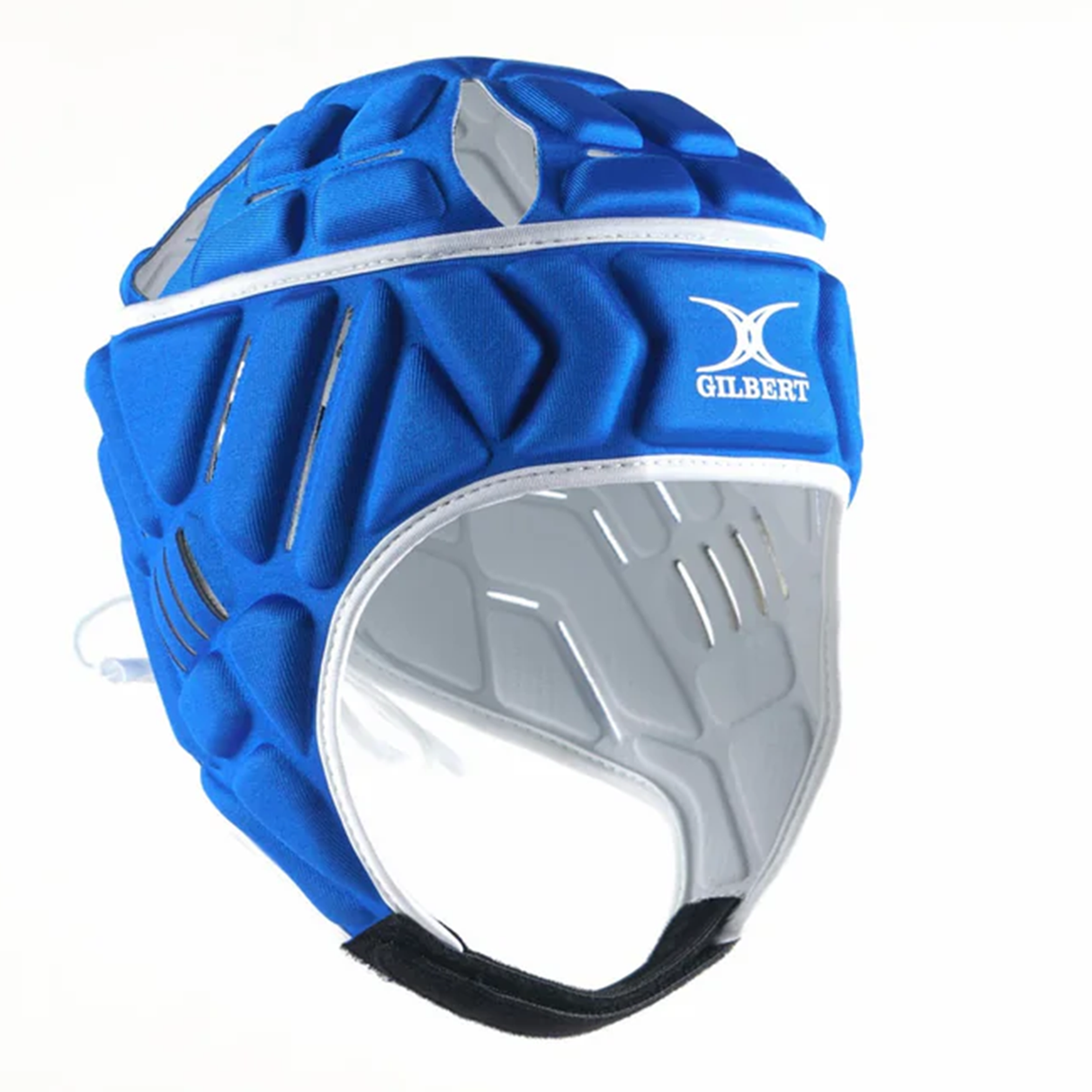 The Gilbert Vapour 5-25 Headguard is a blue padded rugby headguard with white trim and the Gilbert logo, designed to provide reliable impact protection during play.