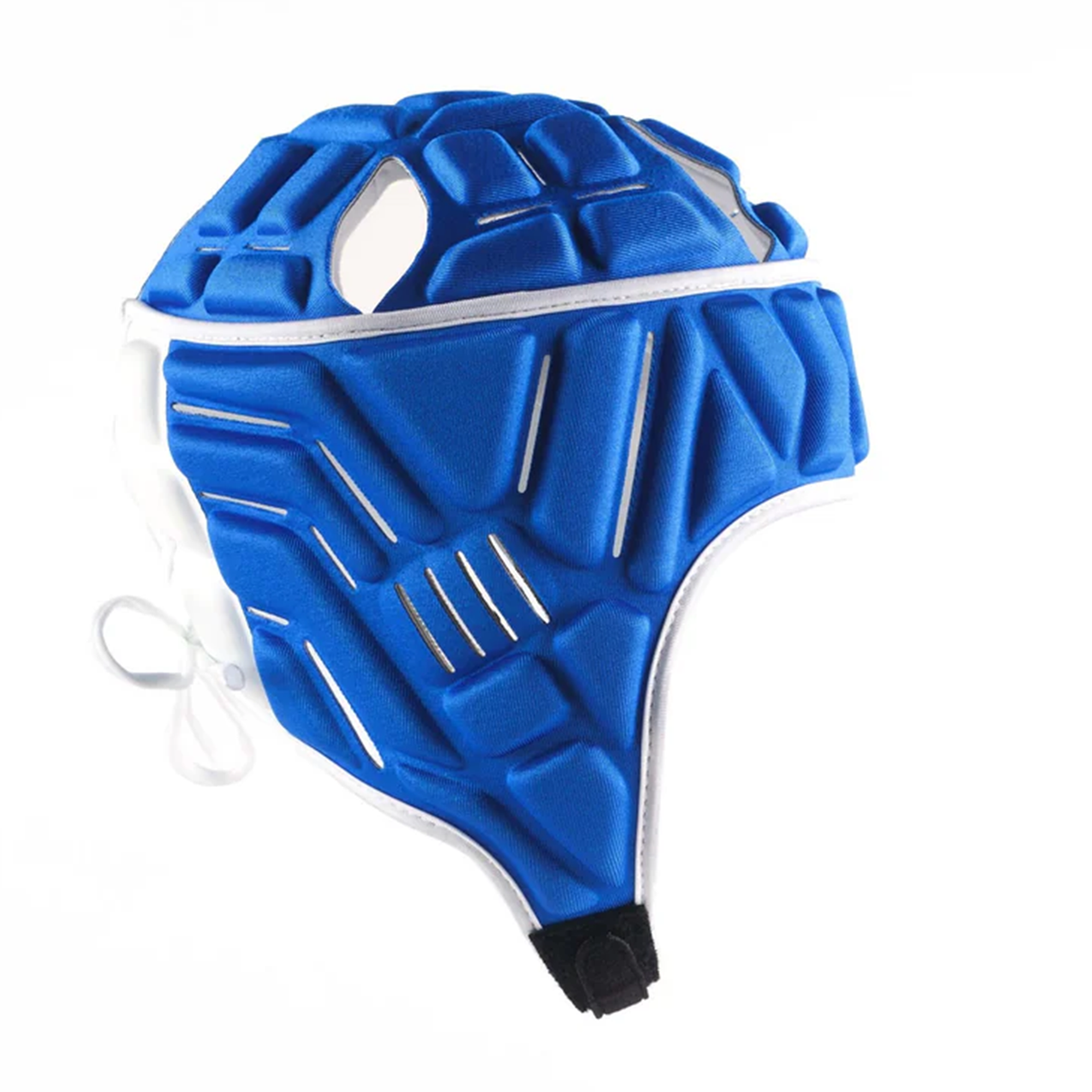 The Gilbert Vapour 5-25 Headguard by Gilbert is a blue padded rugby headguard with white trim and geometric patterns, designed for impact protection in sports or martial arts. Shown isolated on a white background.