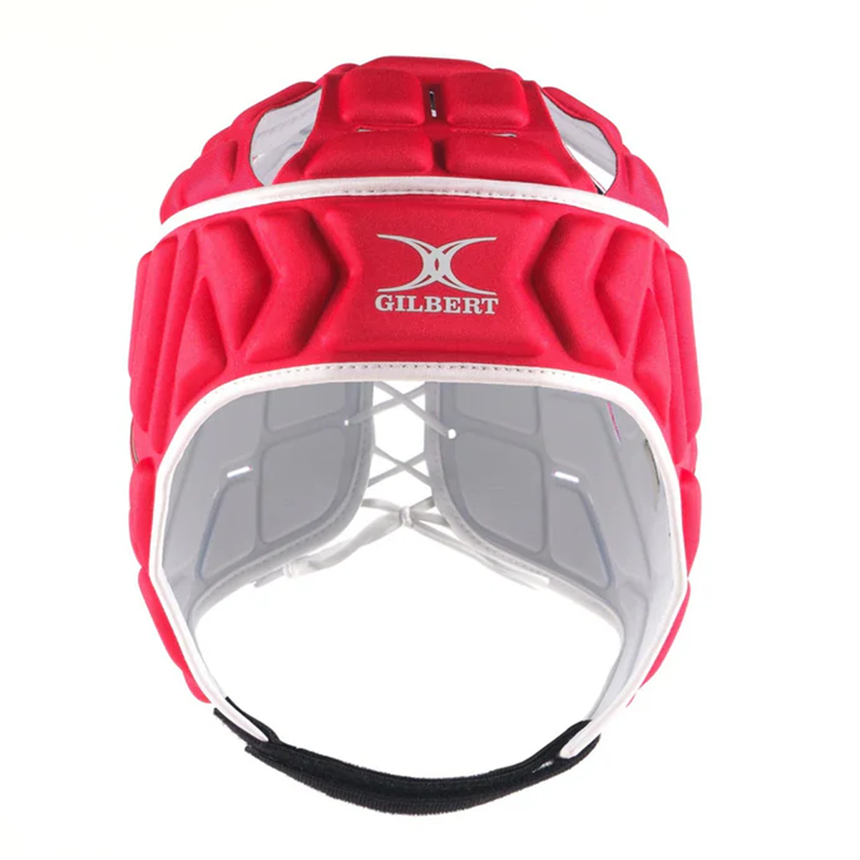 The Gilbert Vapour 5-25 Headguard is a red, padded rugby headguard with white trim, chin strap, and the Gilbert logo on the front, designed to offer superior impact protection.