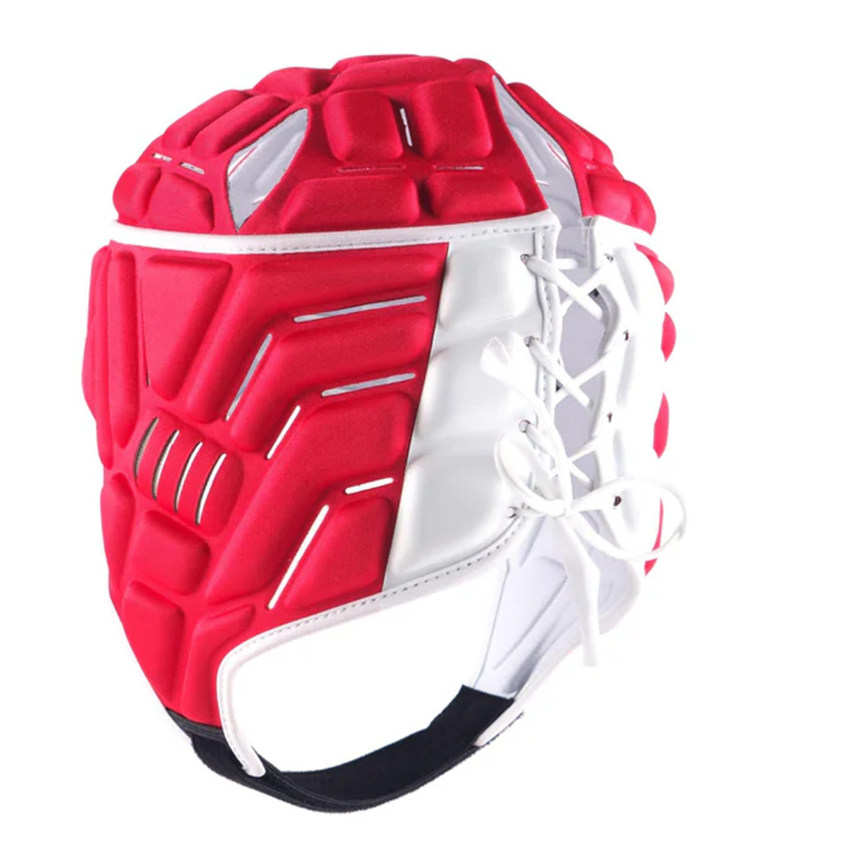 The Gilbert Vapour 5-25 Headguard by Gilbert features red and white padding, a lace-up front, and a chin strap for impact protection in rugby, wrestling, or martial arts.