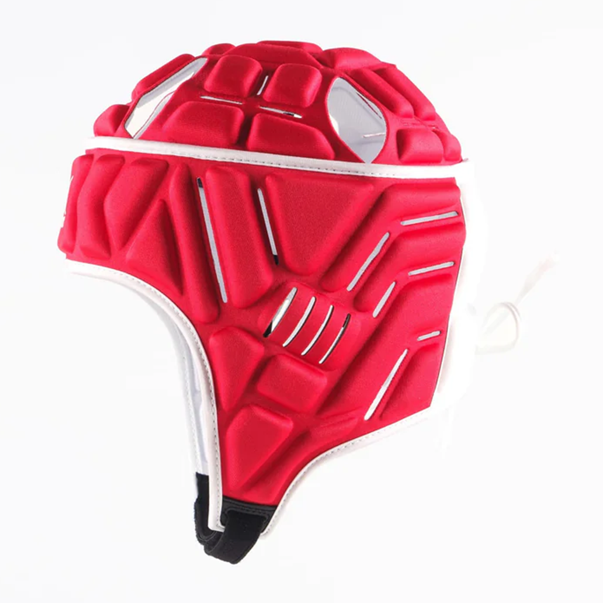 The Gilbert Vapour 5-25 Headguard by Gilbert features red and white padding with geometric designs, offering superior impact protection for rugby. Displayed against a plain white background.