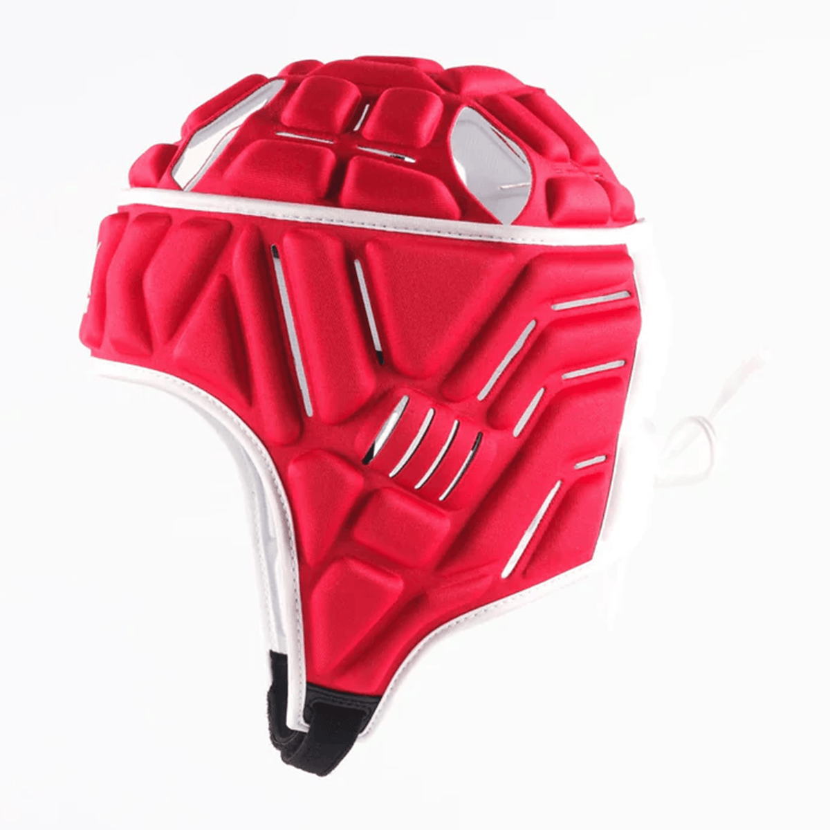 The Gilbert Vapour 5-25 Headguard by Gilbert features red and white padding with geometric designs, offering superior impact protection for rugby. Displayed against a plain white background.