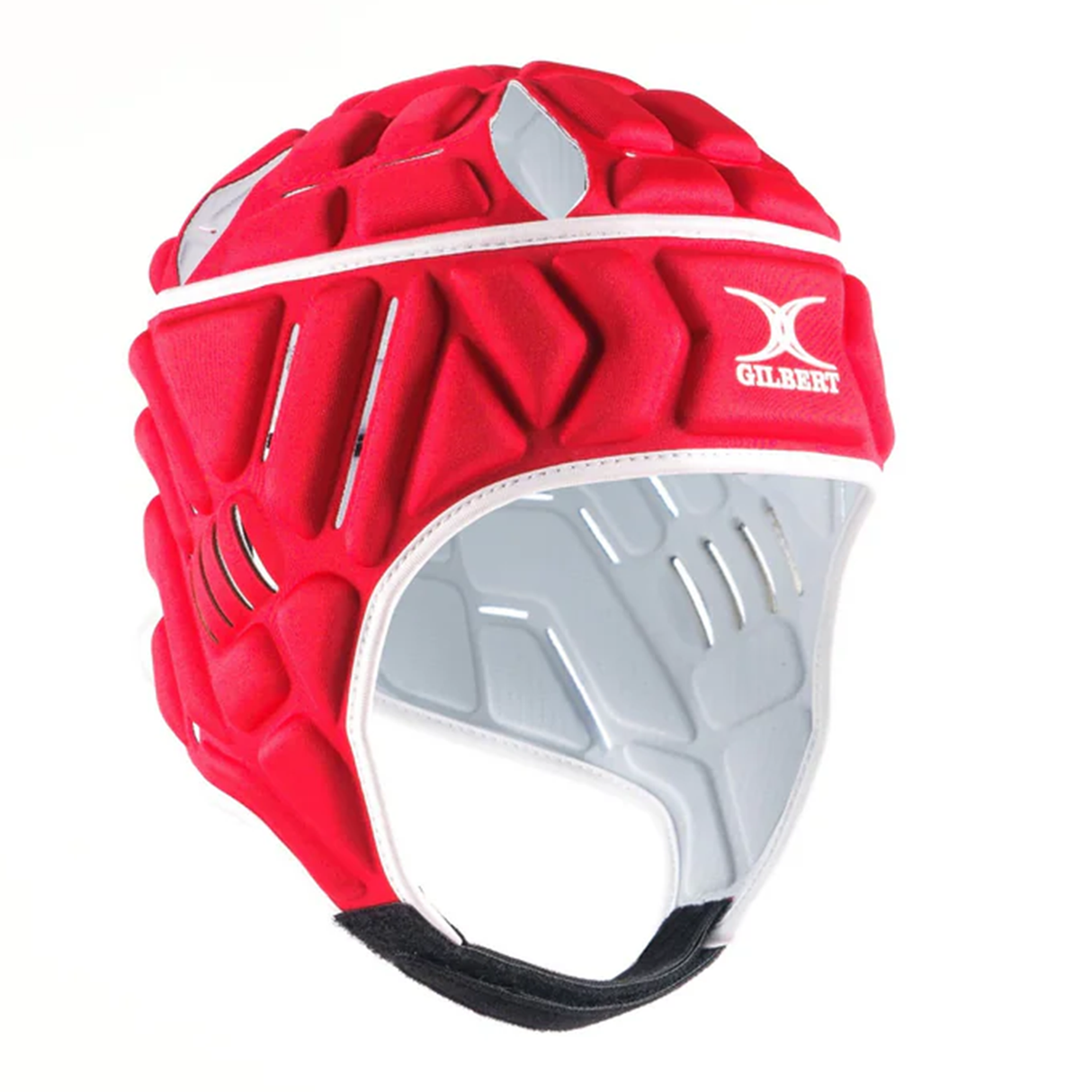 The Gilbert Vapour 5-25 Headguard, shown from the front, features red and white padding, ventilation holes, and the Gilbert logo on the side for reliable impact protection.
