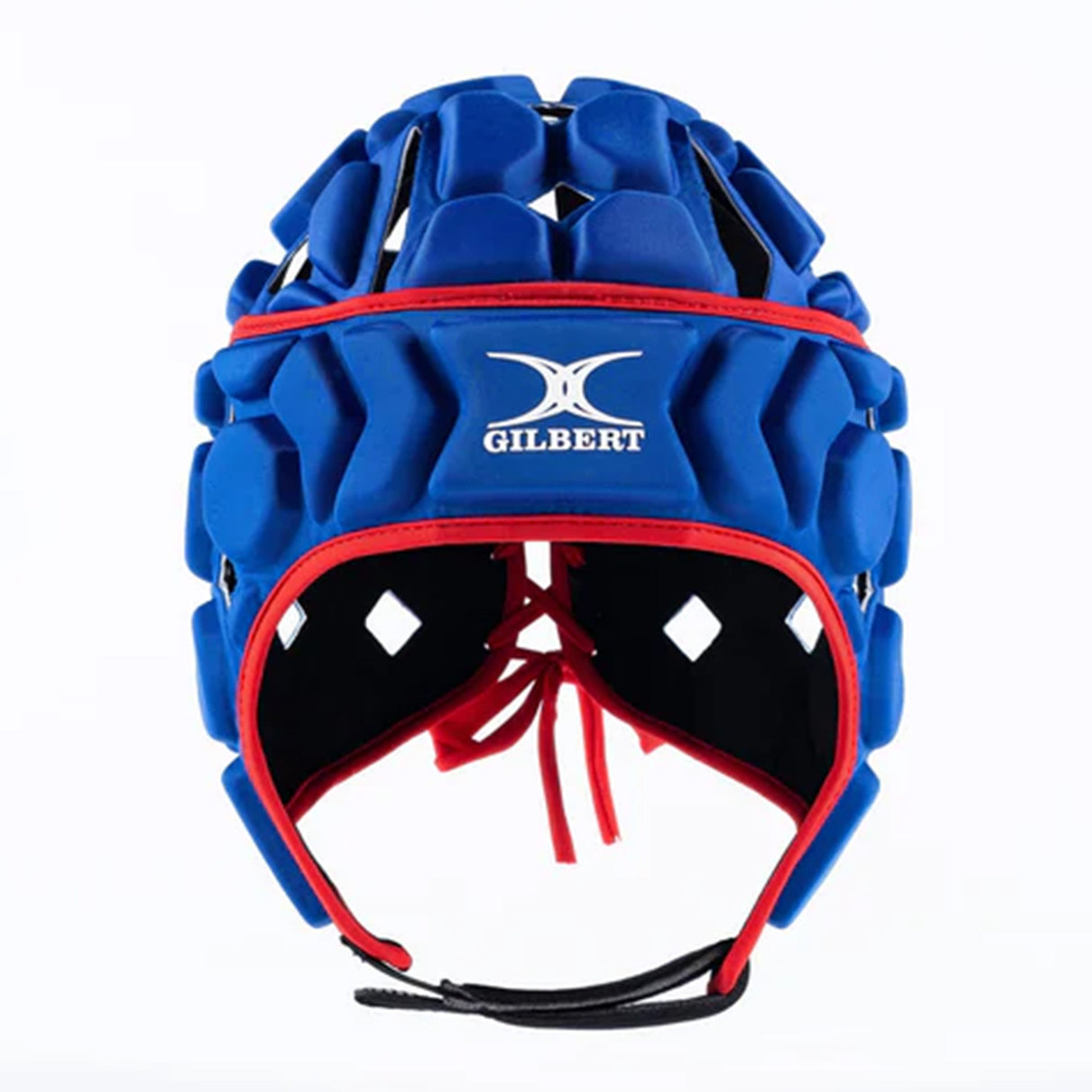 The Gilbert Octane Headguard is a blue and red padded rugby scrum cap featuring the "Gilbert" logo on the front, EVA padding for extra comfort, adjustable laces, and ear holes on both sides, shown against a white background.