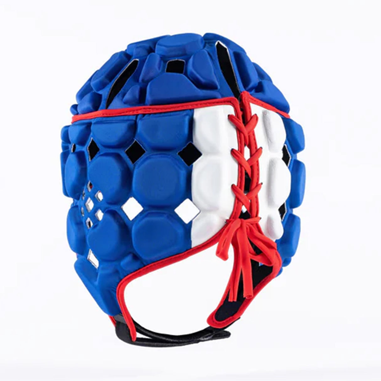 The Gilbert Octane Headguard by Gilbert is a blue padded rugby headguard with white and red accents, showcasing a honeycomb pattern and lace-up front closure. This protective headgear features EVA padding for enhanced comfort and safety, and is displayed on a plain white background.