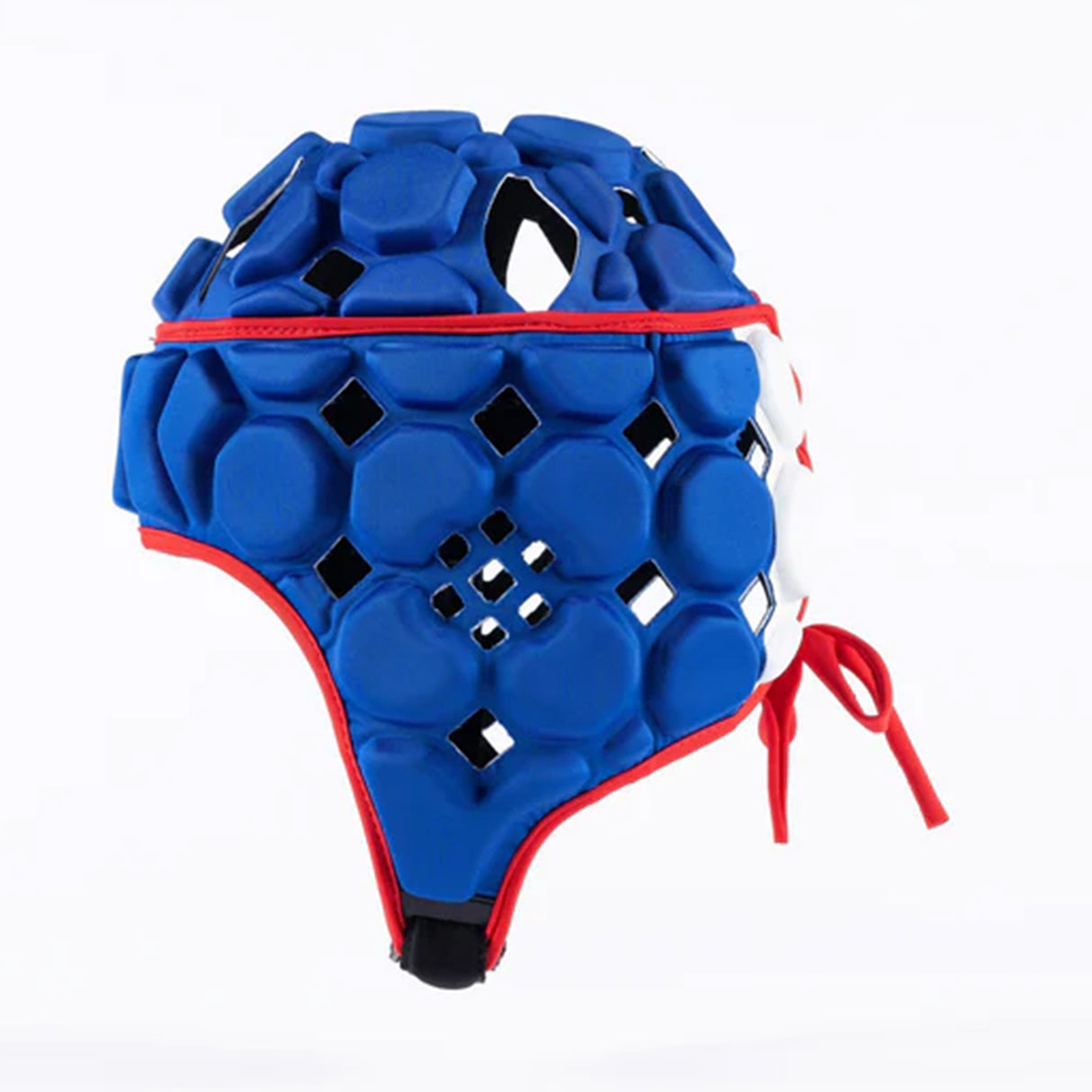 The Gilbert Octane Headguard by Gilbert is a blue padded sports helmet featuring EVA padding, hexagonal and diamond-shaped ventilation holes, red trim, and red ties at the back, shown against a white background. This rugby headguard provides excellent protective headgear for athletic activities.