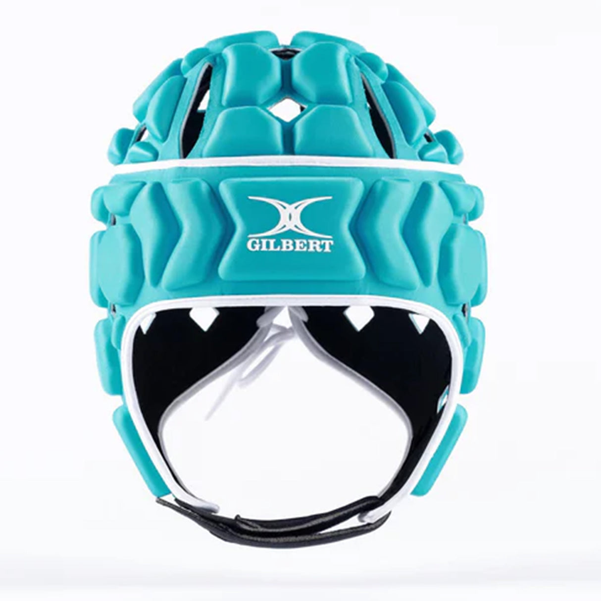 Presenting the Gilbert Octane Headguard, a teal rugby headguard by Gilbert featuring protective padded hexagonal panels, black and white interior lining, a secure chin strap for a custom fit, and the white Gilbert logo displayed on the front.