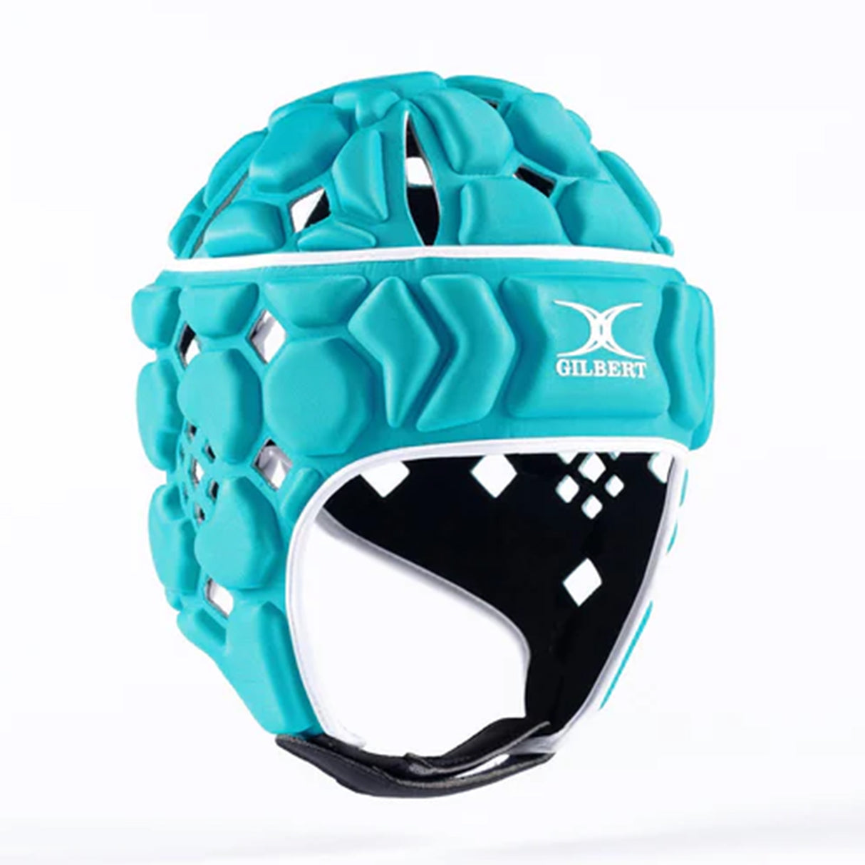The Gilbert Octane Headguard is a teal padded rugby scrum cap featuring a custom fit design for enhanced comfort. It displays the white Gilbert logo, has a hexagonal pattern, and includes a black and white chin strap. This headguard offers protective padding and is shown isolated on a plain background.