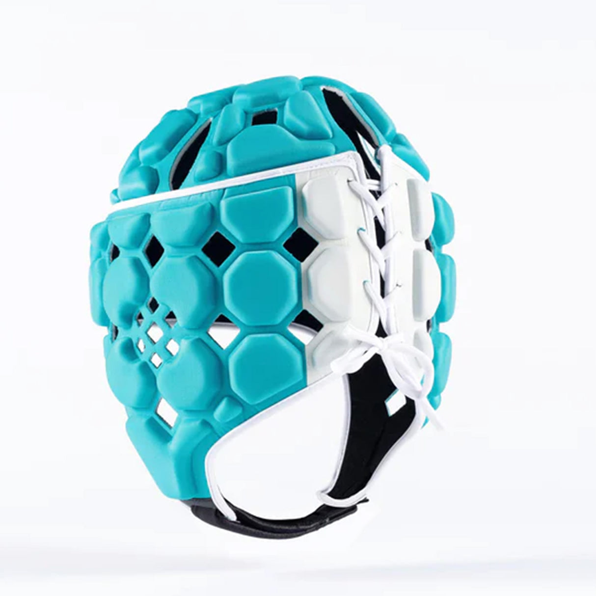 The Gilbert Octane Headguard by Gilbert features blue and white padding with hexagonal patterns, white laces on the side, and a chin strap for a custom fit and protective comfort, displayed against a plain white background.