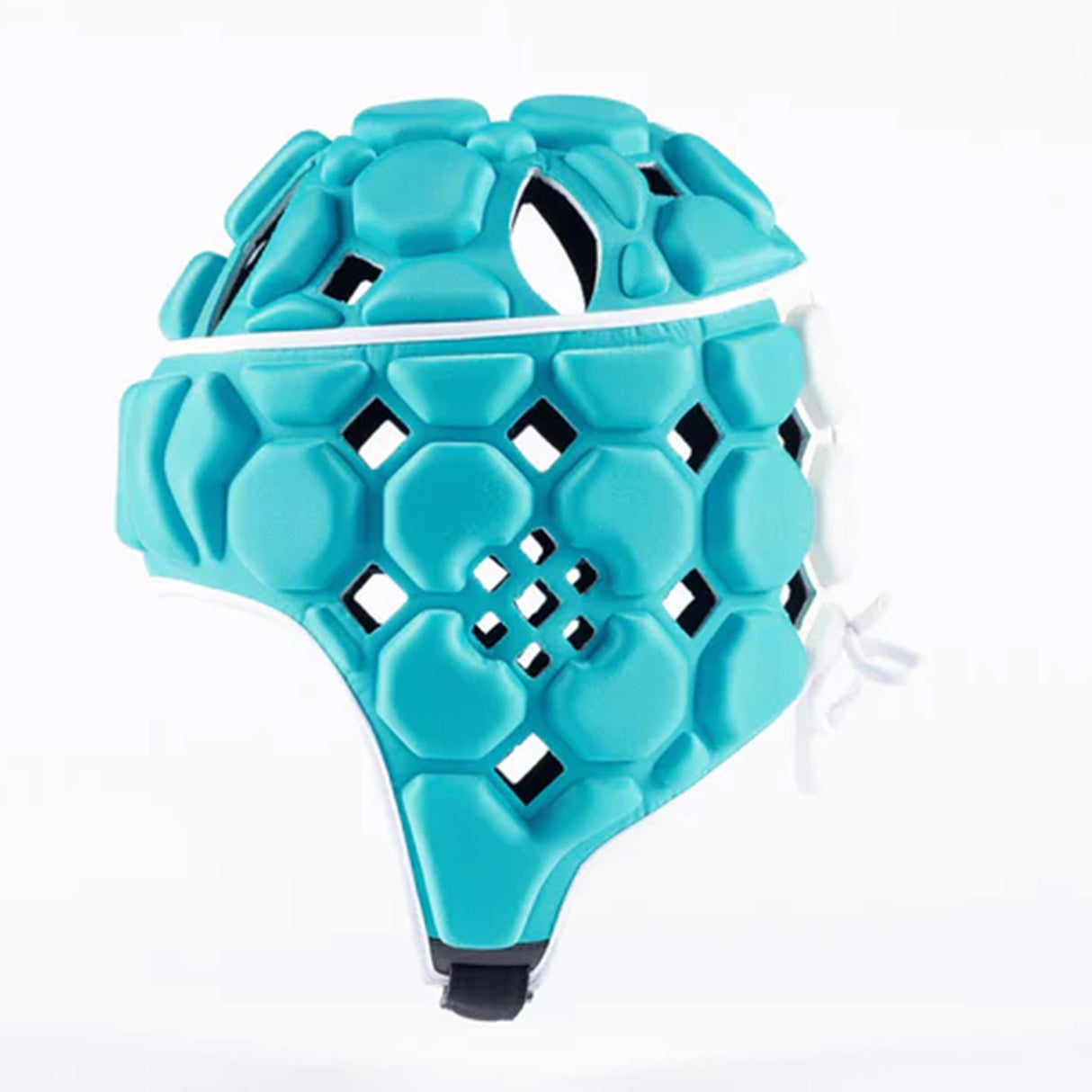 The Gilbert Octane Headguard by Gilbert is a padded turquoise rugby headguard featuring hexagonal patterns and ventilation holes, designed to provide head protection and a custom fit with advanced protective padding.