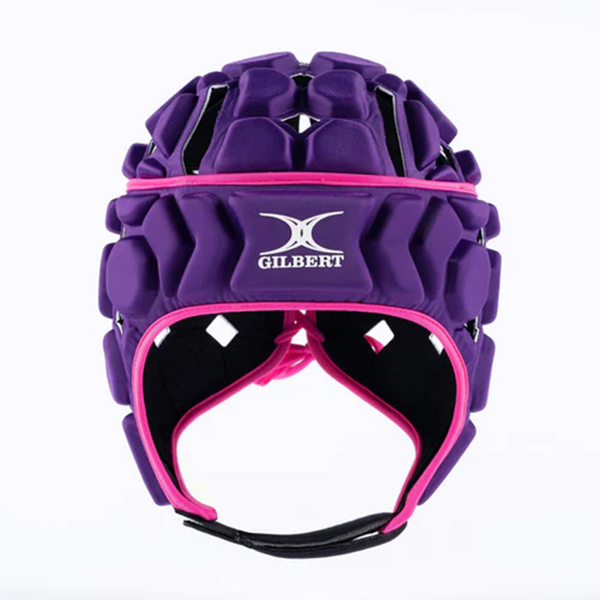 A Gilbert Octane Headguard in purple, featuring black EVA padding and pink trim for superior protection, is shown against a plain white background.