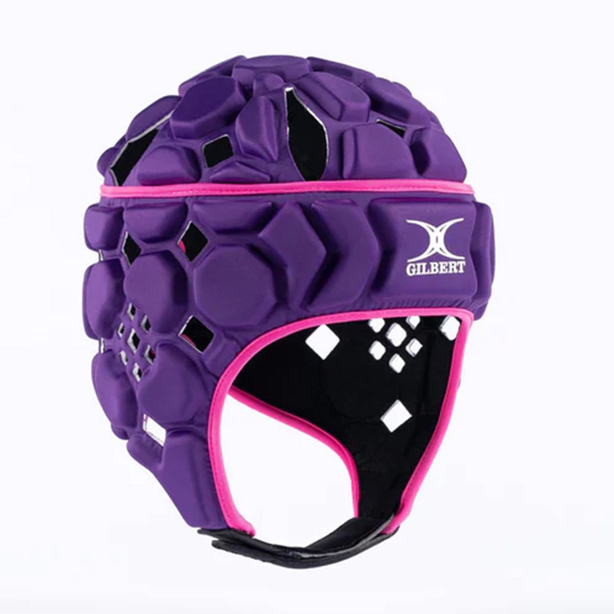 Introducing the Gilbert Octane Headguard—a purple rugby scrum cap featuring black and pink trim, hexagonal EVA padding, ventilation holes, and the iconic Gilbert logo on the front. This versatile headguard delivers reliable protection for players of all skill levels.
