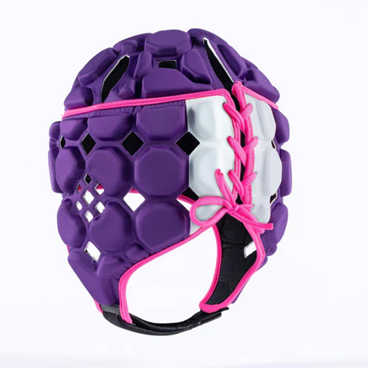The Gilbert Octane Headguard by Gilbert features a purple padded design with a hexagonal pattern, white laced front, and pink trim. Crafted from EVA padding for enhanced comfort and protection, this essential rugby headguard is displayed against a plain white background.
