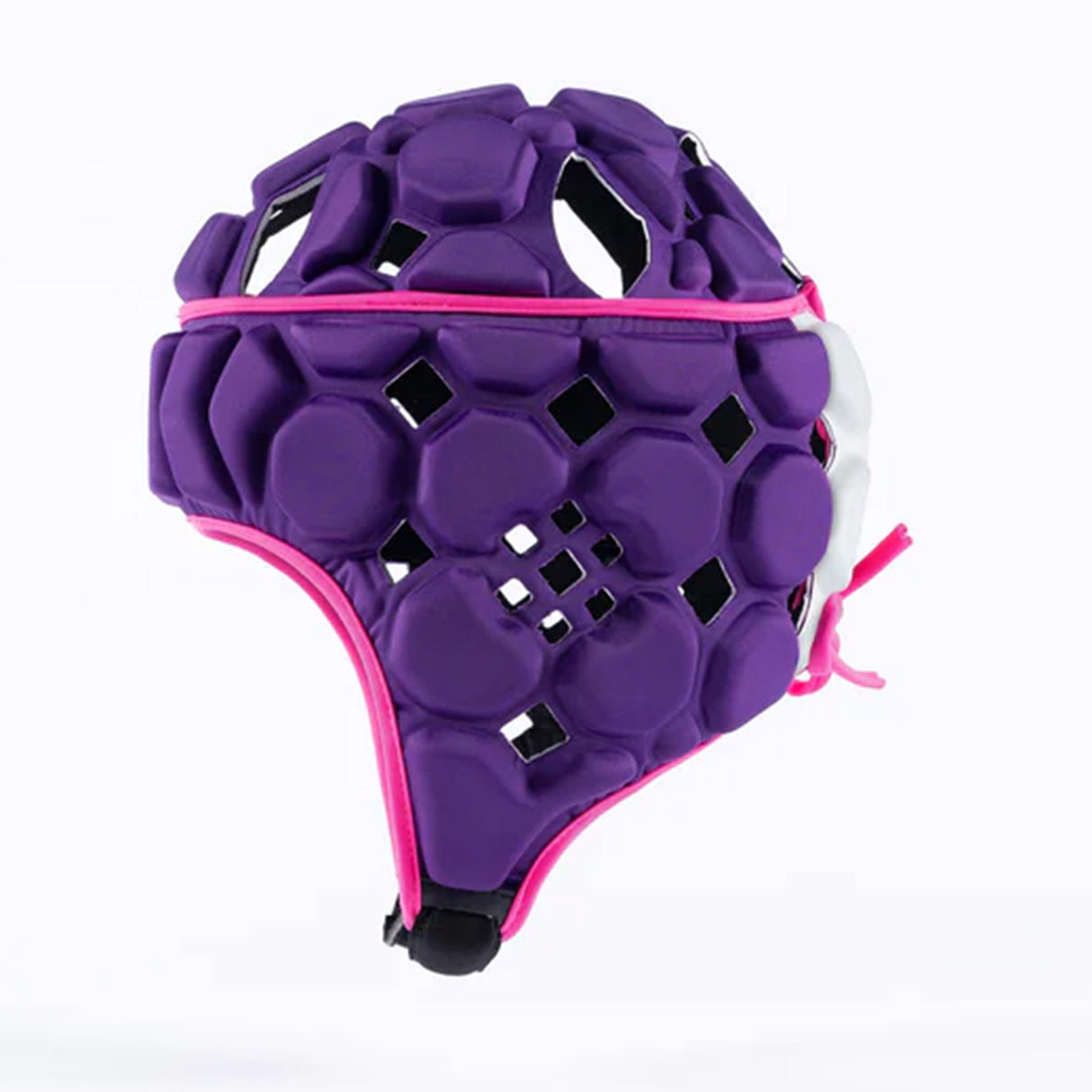 The Gilbert Octane Headguard, a purple and pink rugby headguard featuring hexagonal and square cutouts and constructed with EVA padding for superior head protection, is displayed against a plain white background.
