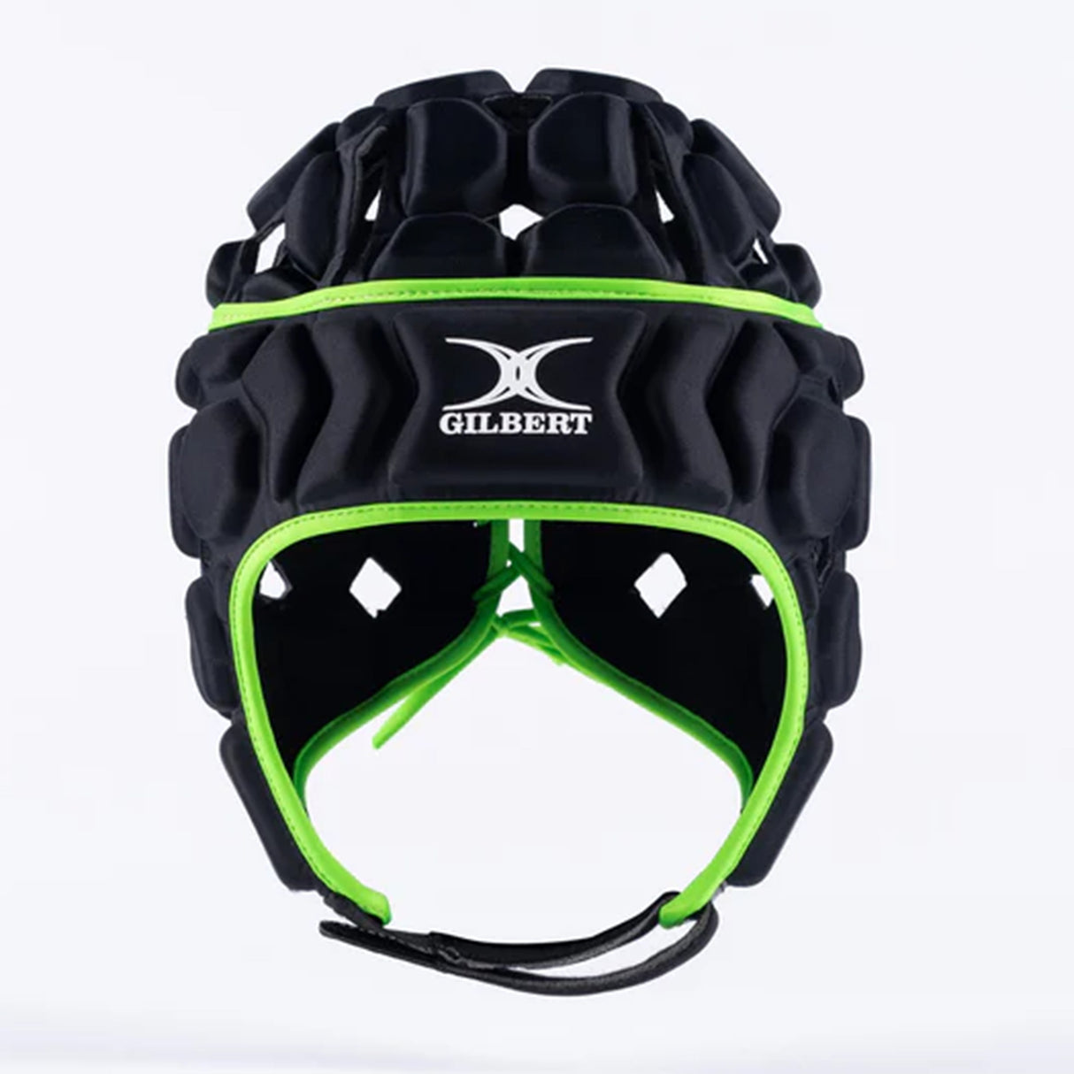 The Gilbert Octane Headguard is a black and green padded rugby scrum cap featuring the Gilbert logo on the front. Designed with custom fit protective padding for enhanced safety, this reliable rugby headguard is shown against a plain white background.