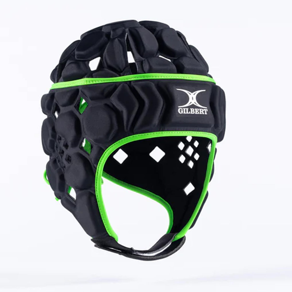 The Gilbert Octane Headguard, a black padded rugby headguard with green trim and the "Gilbert" logo on the front, featuring protective padding for added safety, is shown on a plain white background.