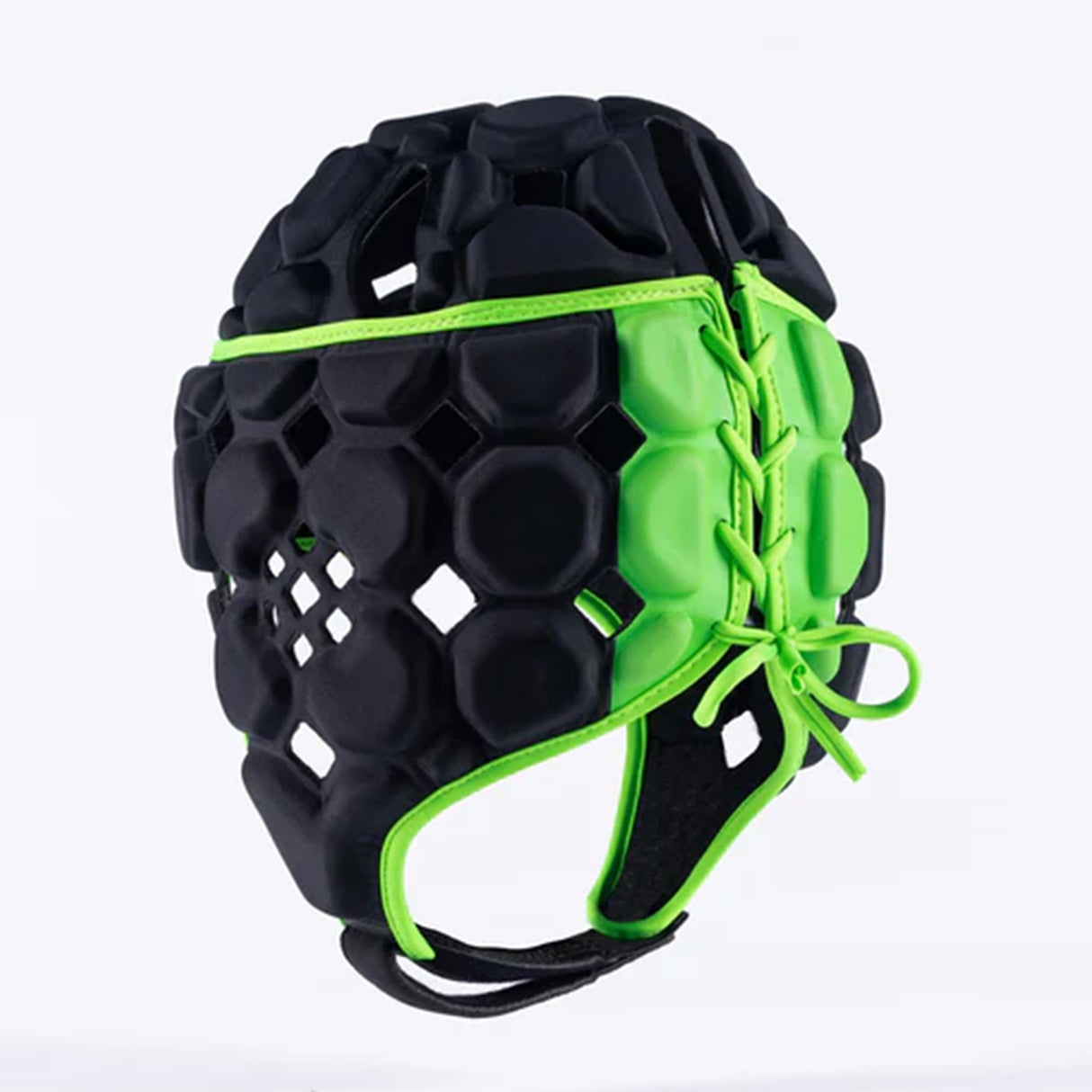 The Gilbert Octane Headguard by Gilbert is a black and green rugby headguard with a honeycomb pattern, custom fit, and protective padding. It features side laces and is displayed against a plain white background.