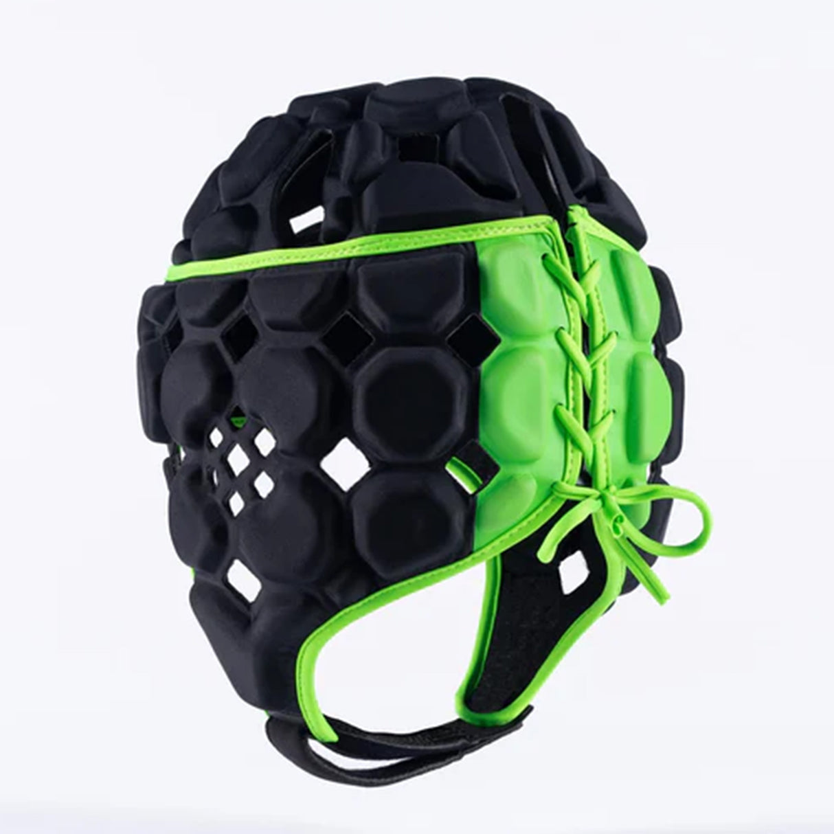 The Gilbert Octane Headguard by Gilbert is a black and green padded rugby headguard featuring hexagonal patterns, protective padding, and a lace-up side for a custom fit, displayed on a plain white background.