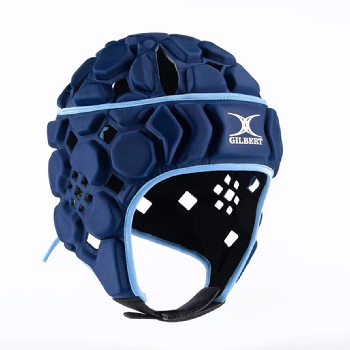 The Gilbert Octane Headguard features blue hexagonal EVA padding sections, light blue trim, a black chin strap, and the Gilbert logo displayed on the side. Shown against a plain white background, this headguard is ideal protective gear for rugby players.