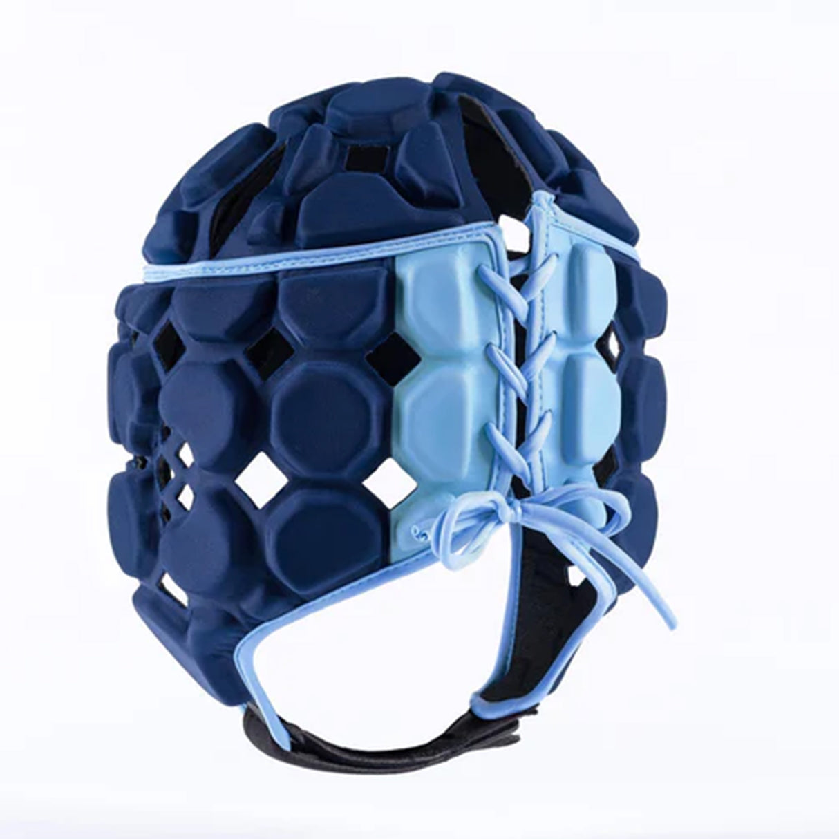 The Gilbert Octane Headguard by Gilbert is a blue padded sports helmet featuring hexagonal protective padding, ventilation holes, and a light blue lace-up closure at the front for a custom fit, shown on a plain white background—ideal as a rugby headguard.