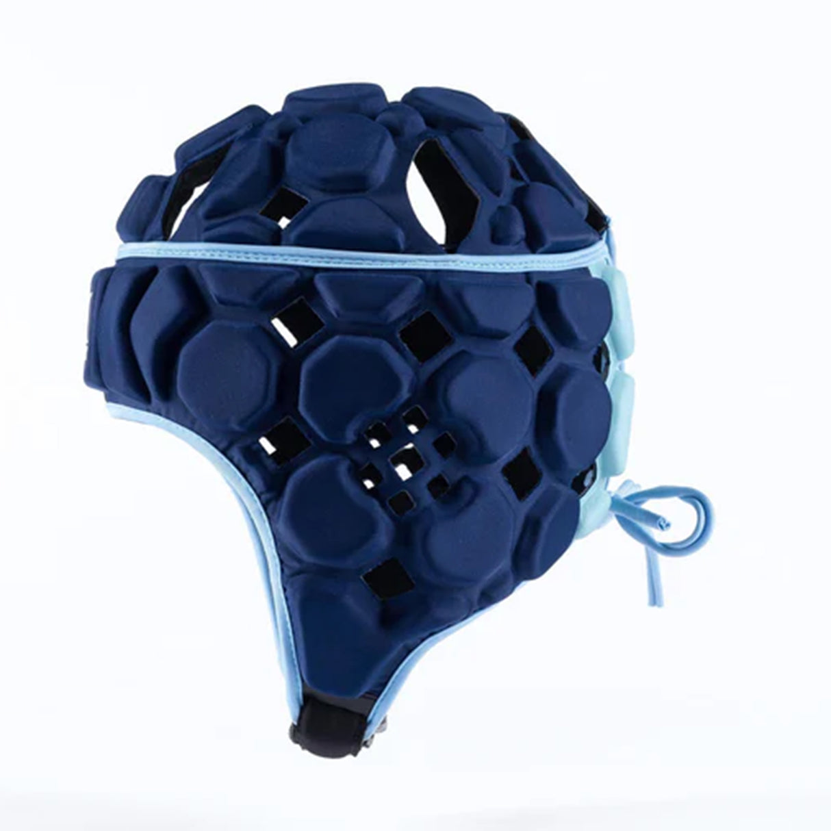 The Gilbert Octane Headguard by Gilbert is a navy and light blue padded rugby headguard featuring hexagonal patterns and ventilation holes. Crafted with EVA padding for enhanced comfort and safety, this protective headgear is photographed on a white background.
