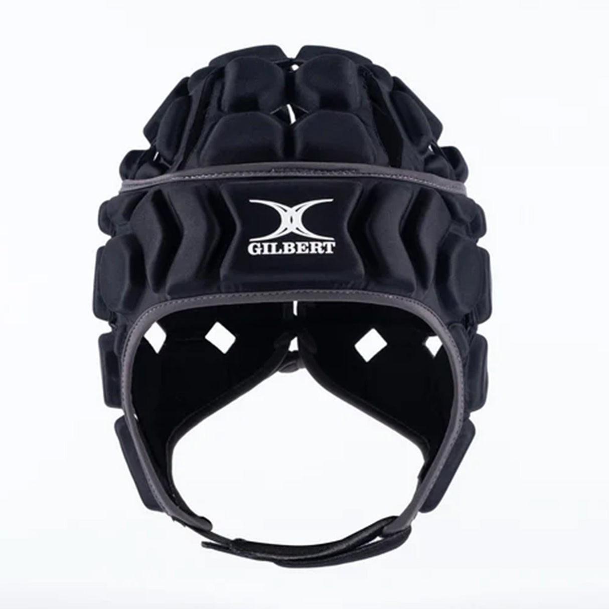 Introducing the Gilbert Octane Headguard by Gilbert—a black padded rugby scrum cap with EVA padding for enhanced comfort, displayed from the front against a plain white background. This headguard is a reliable choice for protective rugby headgear.
