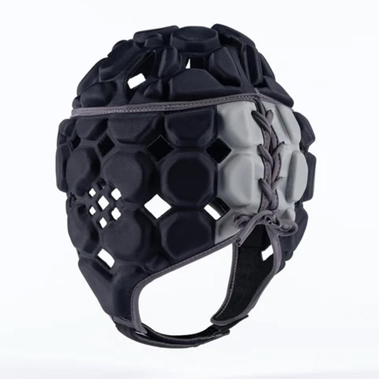 The Gilbert Octane Headguard by Gilbert is a padded black and gray rugby headguard featuring hexagonal and diamond-shaped cutouts, side lacing, and a chin strap for excellent protection. Constructed with EVA padding to enhance comfort and absorb impact, this headgear is displayed on a plain background.