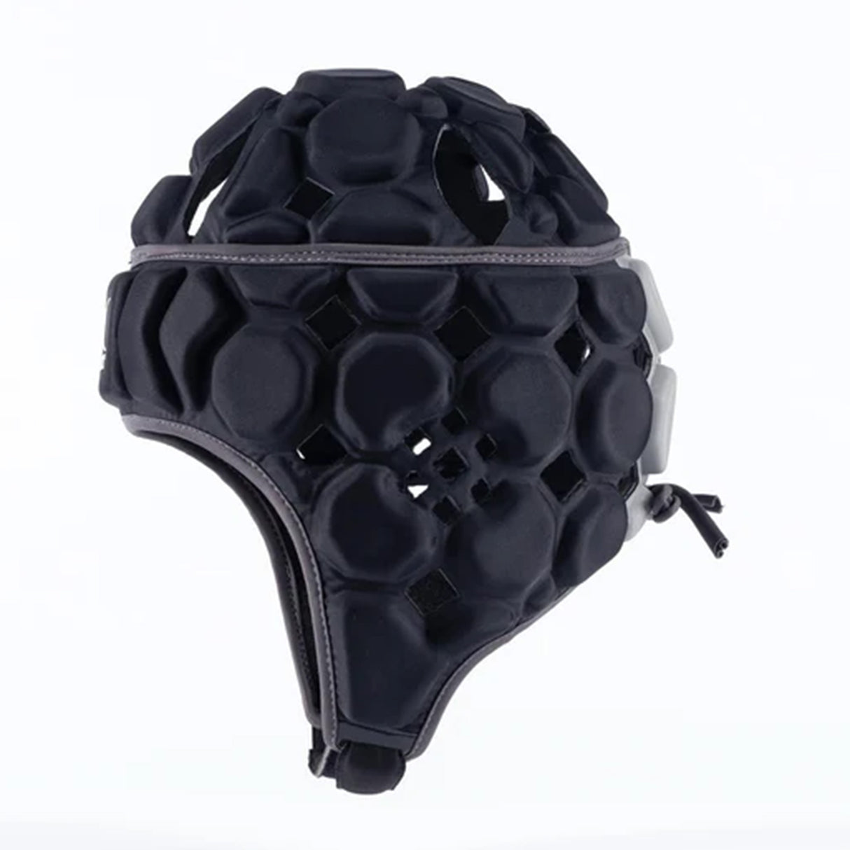 The Gilbert Octane Headguard by Gilbert is a black padded sports helmet featuring hexagonal and circular patterns, side ear protection, and adjustable chin straps, shown against a white background. This high-quality protective headgear includes EVA padding for enhanced comfort and impact absorption, making it an ideal rugby headguard.