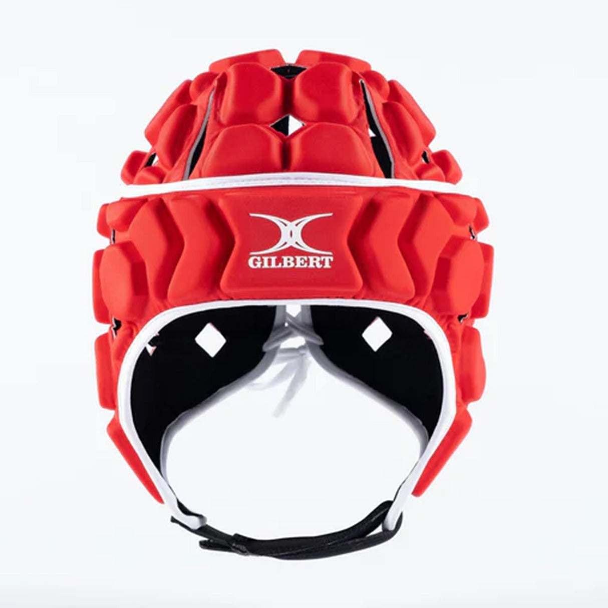 The Gilbert Octane Headguard by Gilbert features custom-fit padded segments and a secure white chin strap, photographed against a plain white background. This red rugby scrum cap provides superior protective padding for maximum safety on the pitch.