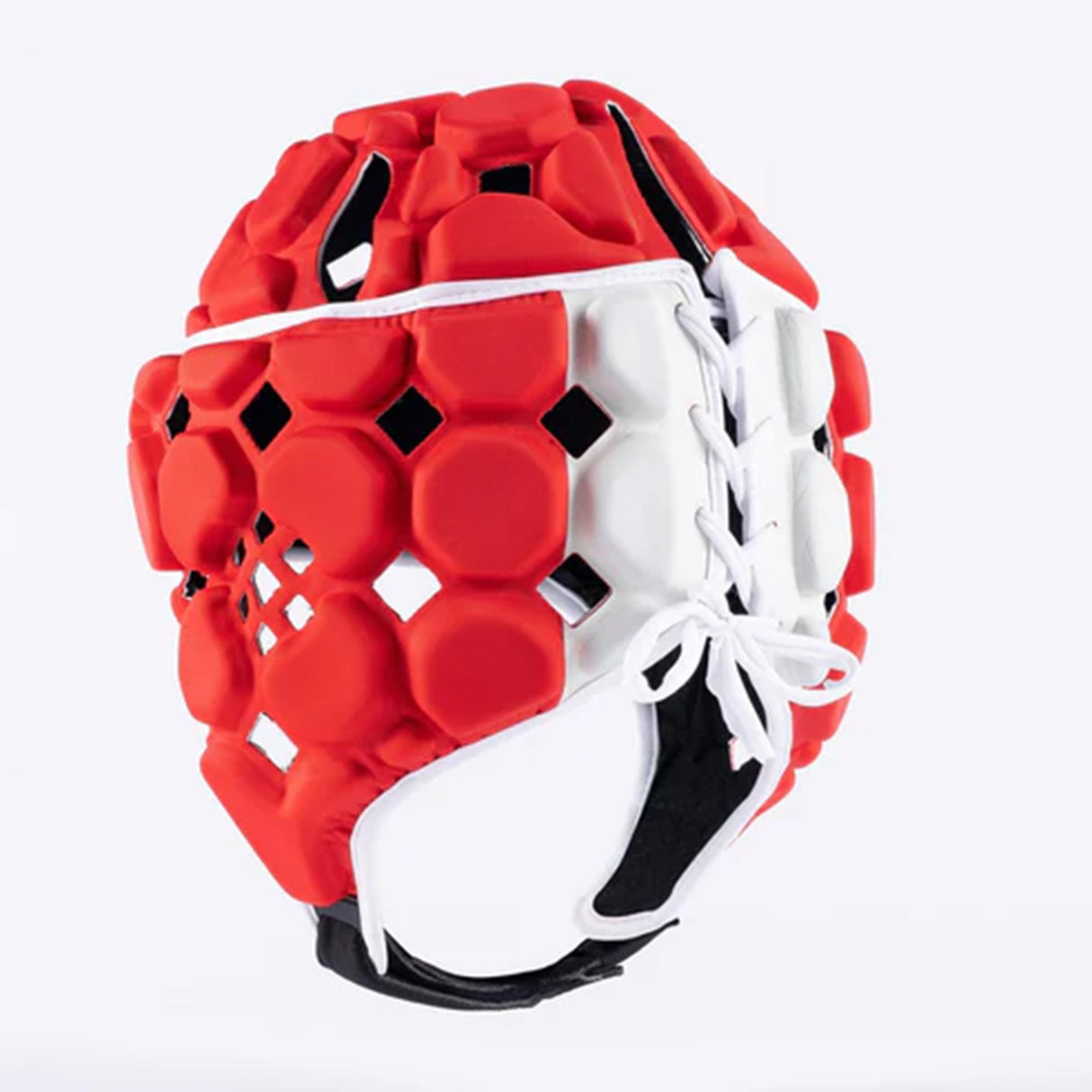 The Gilbert Octane Headguard by Gilbert is a red and white padded rugby headguard featuring a hexagonal pattern, lace-up front, and EVA padding for enhanced sports protection, displayed against a plain white background.