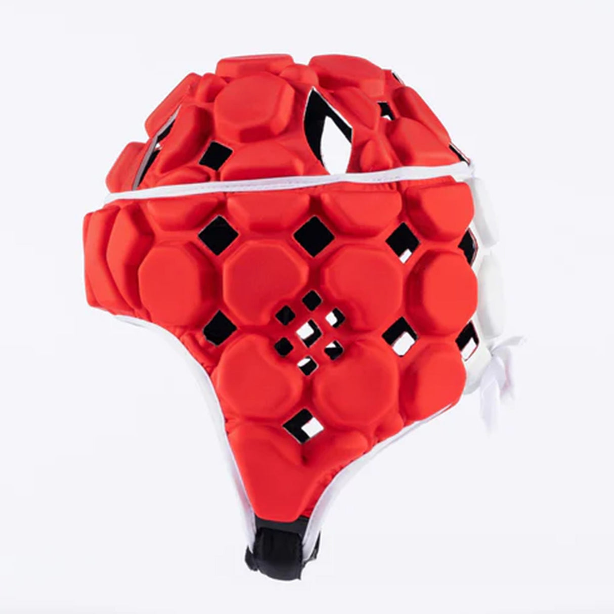 The Gilbert Octane Headguard by Gilbert features red padded protection with a distinctive honeycomb pattern and a white chin strap, designed for optimal safety. Shown against a plain white background, this headguard is an excellent, affordable choice for rugby players seeking quality gear.