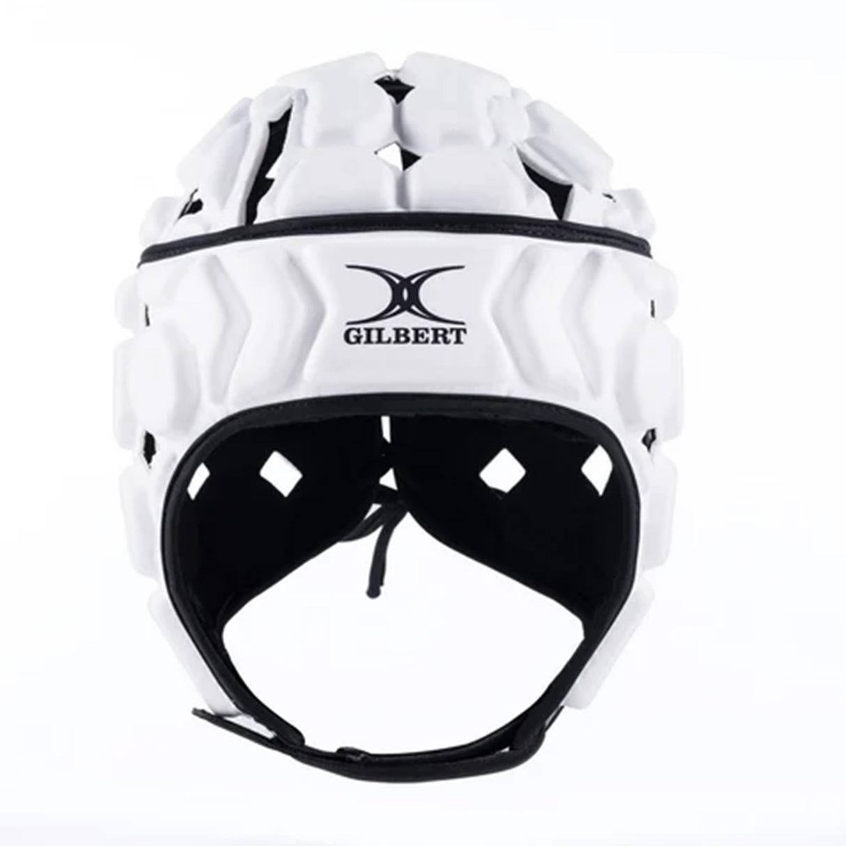 The Gilbert Octane Headguard, shown from the front against a plain white background, is a white padded rugby scrum cap featuring protective padding for enhanced safety and the Gilbert logo on the forehead—an ideal choice for rugby players.