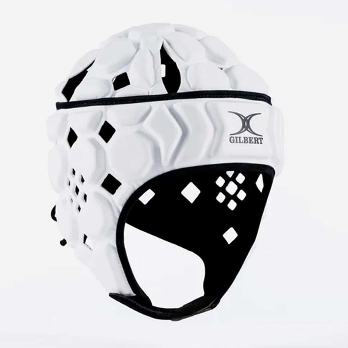 Gilbert Octane Headguard by Gilbert—a white rugby scrum cap featuring hexagonal protective padding and a black strap, displayed against a plain white background; an affordable and reliable choice for players seeking quality rugby gear.