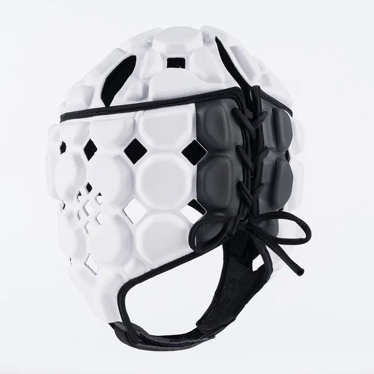 The Gilbert Octane Headguard is a white and black rugby headguard featuring hexagonal patterns, a lace-up design on the side, and EVA padding for superior sports protection.