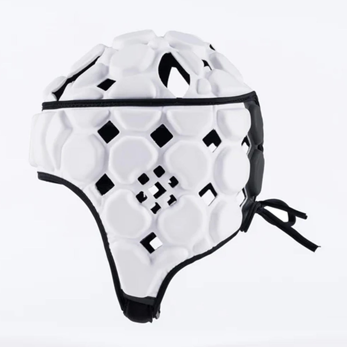The Gilbert Octane Headguard by Gilbert is a white padded rugby headguard featuring hexagonal and square cutouts, constructed with EVA padding for enhanced comfort. It includes black trim and a black tie at the back, and is displayed against a plain white background.