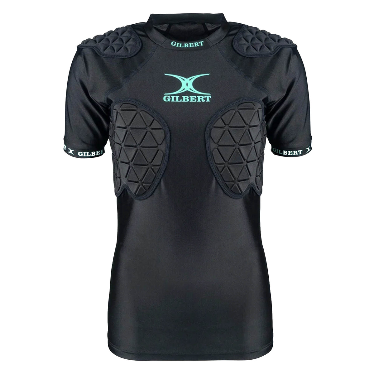 Women's Triflex V3 Body Armour by Gilbert is a black, short-sleeve padded rugby shirt featuring the "GILBERT" logo on the chest; this lightweight protective gear offers enhanced padding on the shoulders and chest areas for superior impact protection in women's sports.