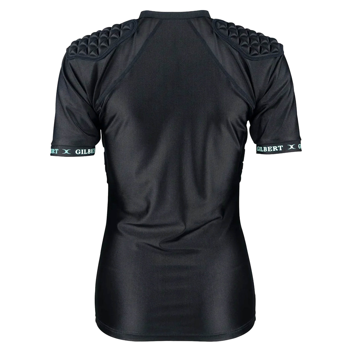 The Women's Triflex V3 Body Armour by Gilbert is a black, short-sleeve athletic shirt featuring padded shoulders for lightweight impact protection in women's rugby. It displays Gilbert branding on the sleeves and is pictured from the back against a white background.